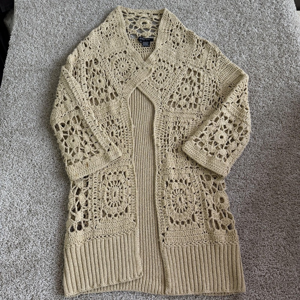 Y2K Etcetera Cardigan Sweater Womens M Beige Crochet Open Knit 3/4 Sleeve Boho